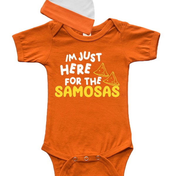 Funny Desi Baby Outfit, Diwali Party Baby Bodysuit and Cap Gift set - Im here for the Samosas funny baby gift set, Baby shower gift