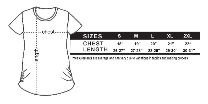 May include: A size chart for a women's t-shirt with measurements in inches. The chart shows the chest and length measurements for sizes S, M, L, XL, and 2XL. The text at the bottom of the chart reads "measurements are average and can vary due to variations in fabrics and making process."