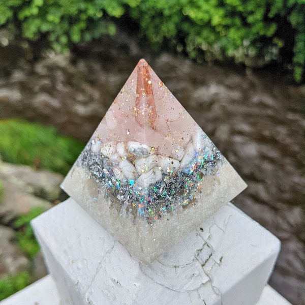 Orgonite Pyramid for EMF Protection 5G | Tall Angel of Peace White Crystal EMF Protector Pyramid | Inspired by Medical Medium