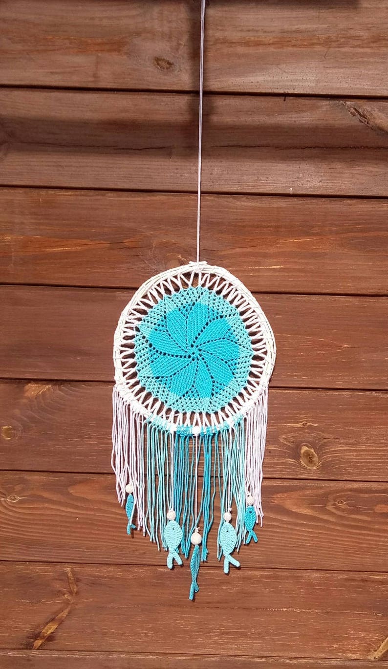 Knitted Dream Catcher Blue Dream Catcher Crochet Fishes image 0