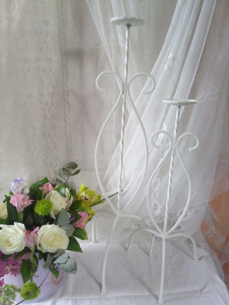 Set of Two White Wedding Candlesticks White Metal Candle image 0