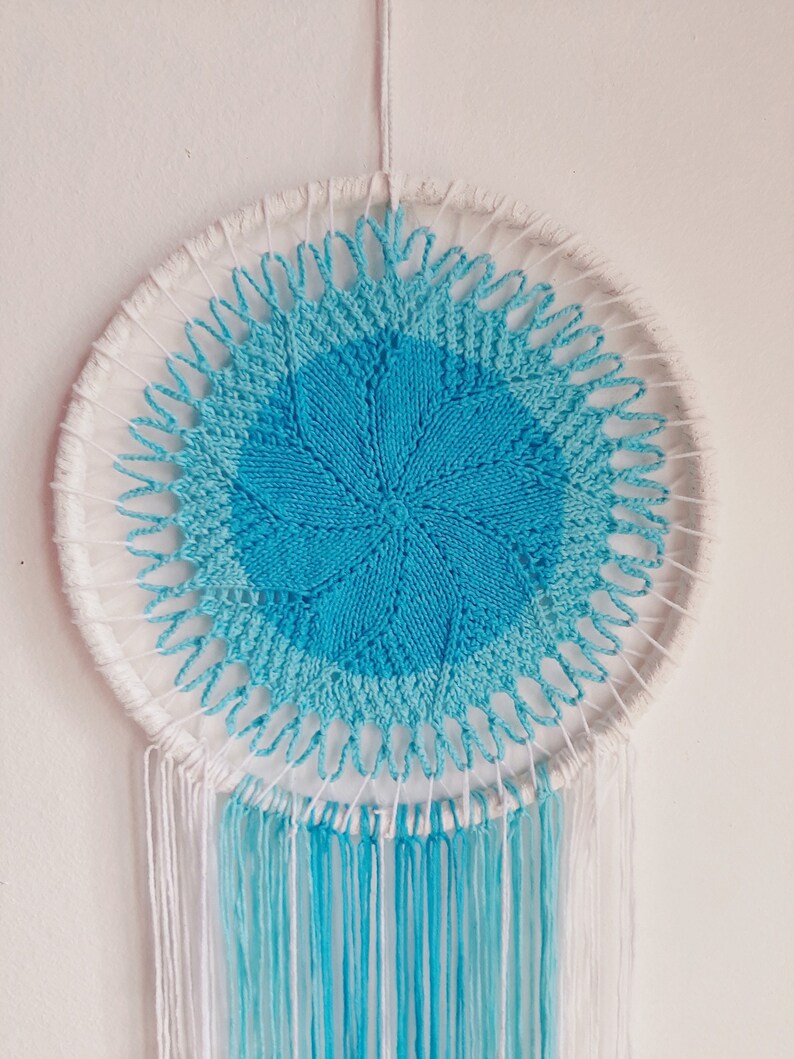 Magical Dream Catcher Blue Knitted Dream Catcher Hanging Etsy Large hand knitted wall hanging nursery decor fiber art