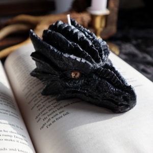 Black Dragon Head Candle / Black Gold Dragon Rider Fantasy Book Candle Wing Scented Soy Pillar Candle