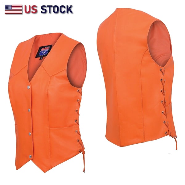 Orange Leather - Women motorcycle Vest Biker Club Concealed Carry #14501ORANGE