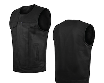 Men's SOA Collarless Leather Vest Motorcycle Biker Club Concealed Carry Outlaws