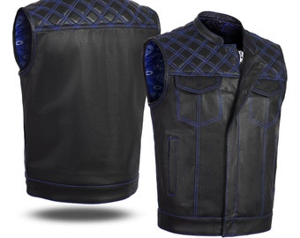 BLUE HL11693SPTBLUE Black Men Cross Stitch Club Leather Vest