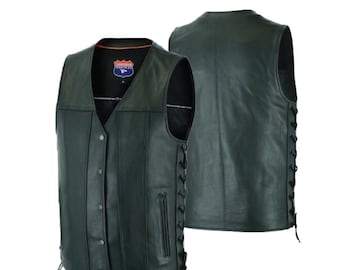 Men Premium feel motorcycle leather biker Vest Side Lace conceal carry #2611NKD