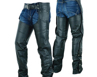 Highway Leather Lined Chaps Motorcycle Riding Bikers/Classic Black Chaps /Punk Patches Chaps/ Geninue Cow Leather/Simplicity Suede/