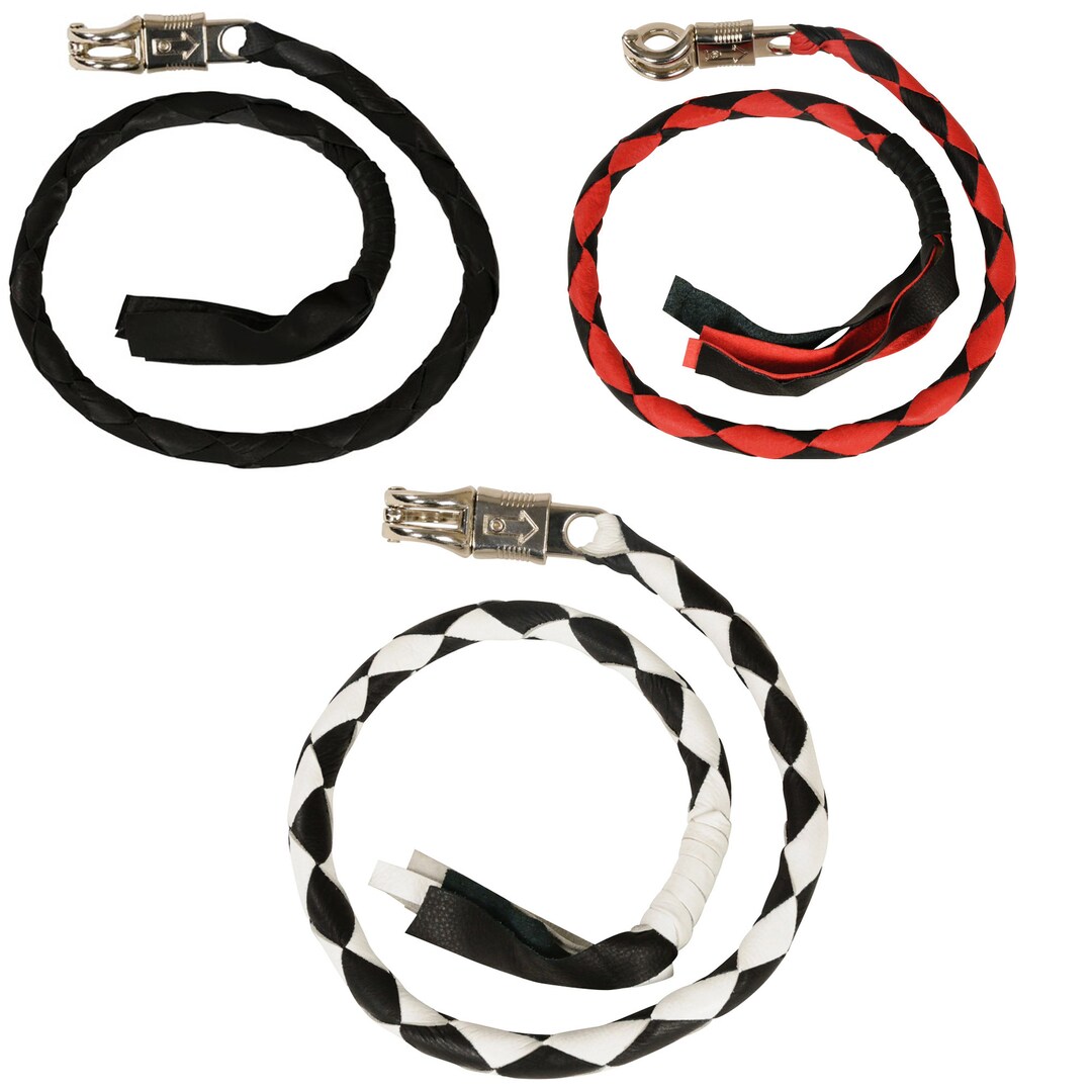 Biker Whip 42 - Accessoire de guidon en cuir véritable avec boucle à dégagement rapide, équipement de motard haute visibilité (Noir et bleu