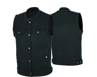 Hombres SOA Denim Black Vest Club Cut Outlaw Anarchist / chaleco para hombres y motociclistas / chaleco Snap Front / bolsillos de pistola con cremalleraK liquidación /