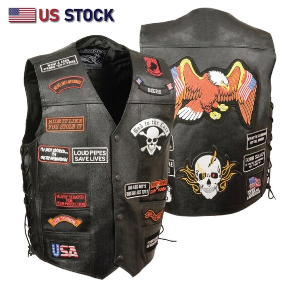 Leather motorcycle shop vest patches