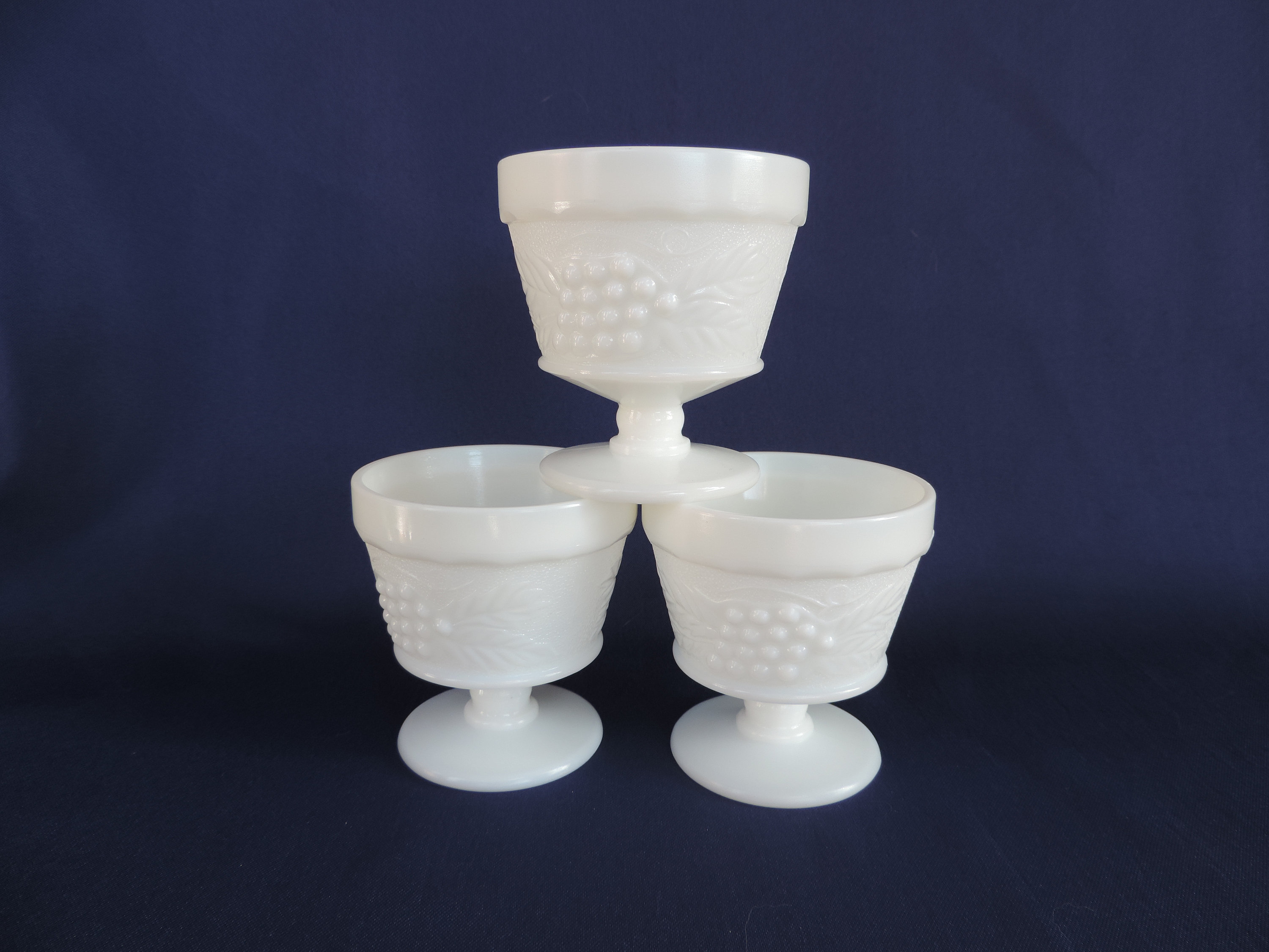 Vintage Milk Glass Grape Pattern Footed Sorbet Coupes Mini Compotes or  Dessert Cups 