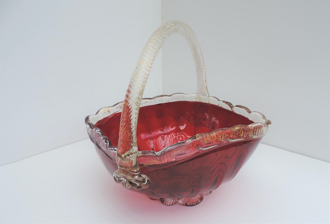 Vintage Red Murano/italian Hand Blown Glass Basket With Gold Etsy