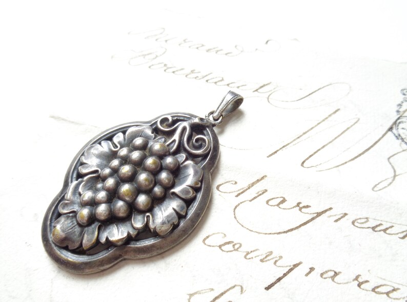 Rare antique vine pendant with layered design 1.8 inch 4.5 cm Long signed Alpaca