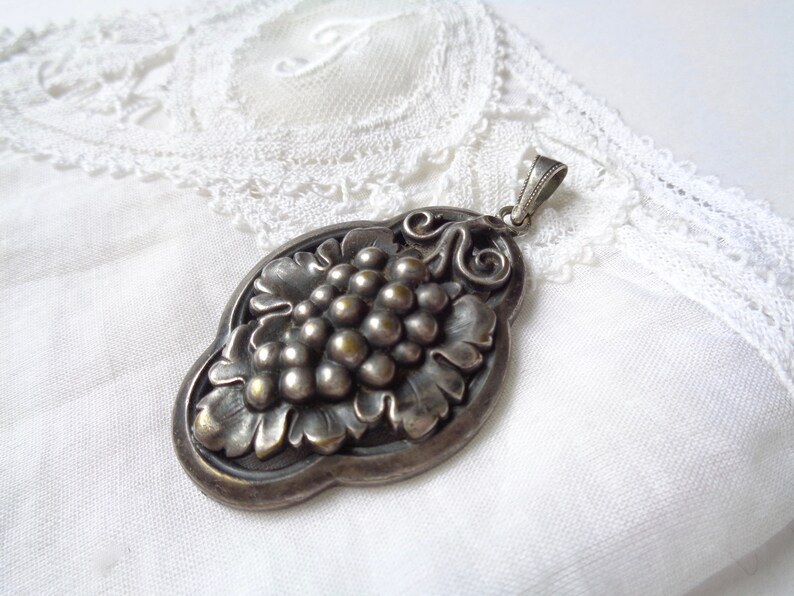 Rare antique vine pendant with layered design 1.8 inch 4.5 cm Long signed Alpaca