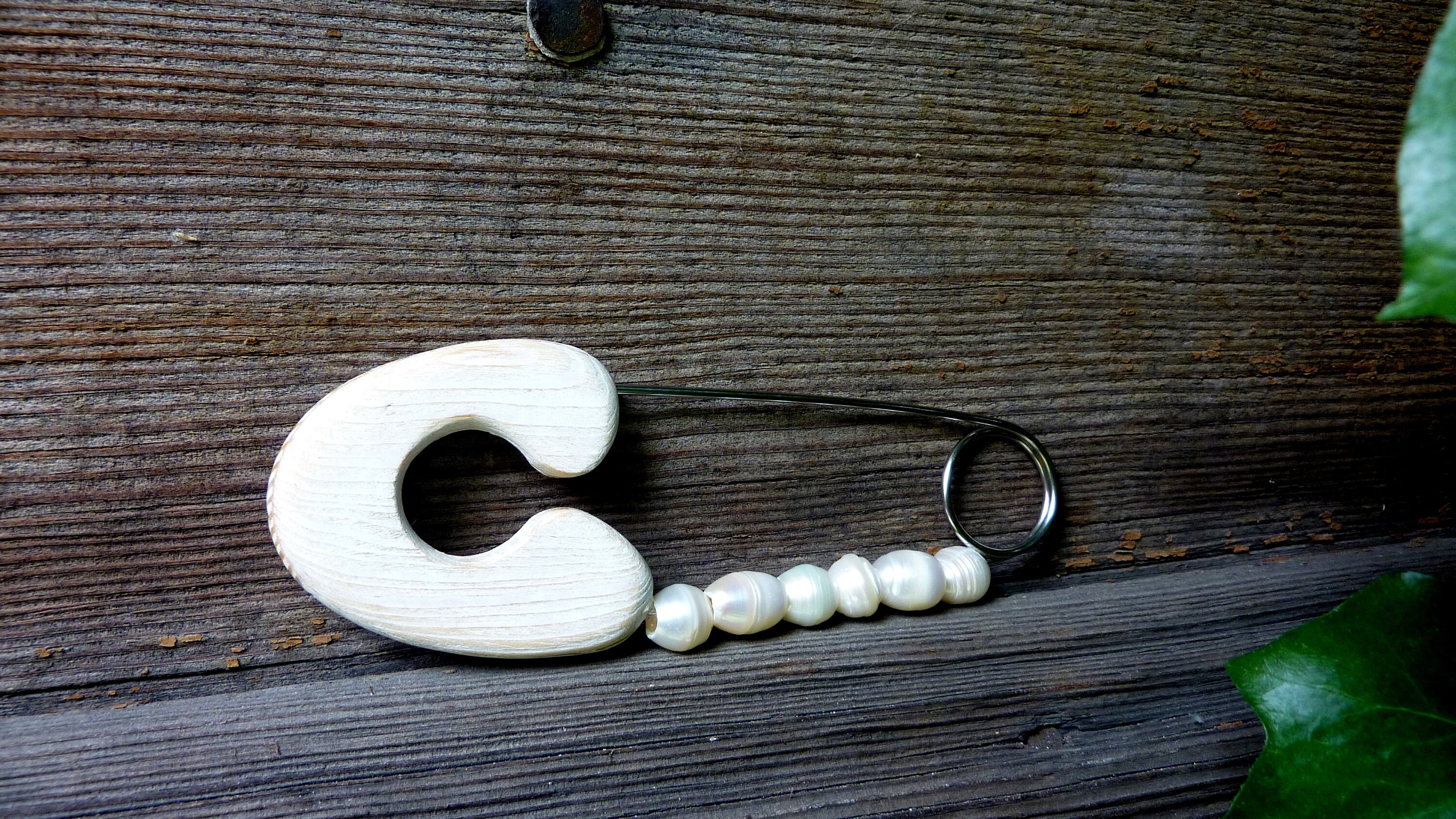 White safety pin made of wood with river pearls. wooden cloth Etsy