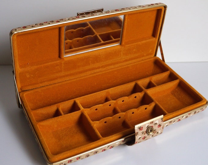 Mid Century Modern Jewelry Box Brass Accents Floral Fabric Vintage Floral Jewelry Box Vintage