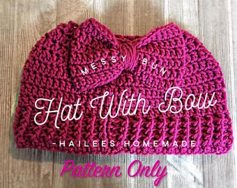 Messy Bun Hat with Bow Pattern Adult and Child Size