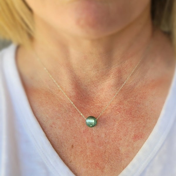 Simple lightweight necklace / turquoise blue Czech glass floating bead sterling silver or gold filled / Minimalist matching slider chain