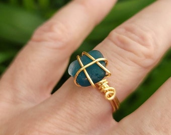 Seaham teal sea glass wire wrapped gold ring / Ocean inspired beach lover ring / Genuine sea glass turquoise / unique sea glass