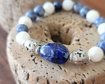 Lapis blue Sodalite silver white Mother of Pearl beaded stackable stretch / Custom size stretchy bracelet