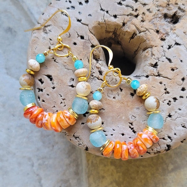 Beach vibe beaded hoop earrings / orange Spiny Oyster, blue Recycled glass, Picture Jasper, Amazonite and gold / Large bead hoop earrings