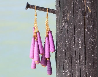 Long Dangling Boho Earrings| Purple |Handmade| Recycled Paper Beads| Unique Jewelry| Pretty Gift for Her | Unusual Design | Beaded Dangles