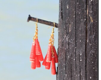 Fun Dangling Boho Earrings| Red |Handmade| Recycled Paper Beads| Unique Jewelry| Pretty Gift for Her | Unusual Design| Cute Drop Style| Fun