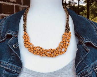 Abambejja Elegant Handmade Intricately Beaded Signature Necklace (Orange with Gold Seed Beads)