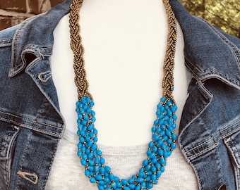 Abambejja Elegant Handmade Intricately Beaded Signature Necklace (Bright Blue with Gold Seed Beads)