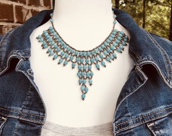 Akaama 2| Unique Flattering Bib Necklace| Intricate Beadwork| Boho Chic Turquoise Necklace | Stunning Gift for Her| Handrolled Paper Beads