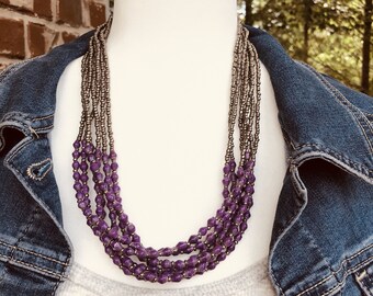 Musana Handmade Multi Strand Beaded Necklace (Mauve Purple with Silver Seed Beads, 7 Strands)