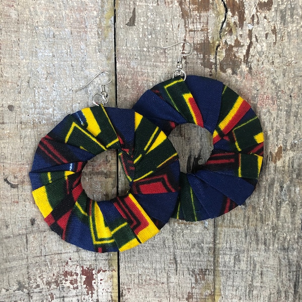 Ankara Fabric Dangle Earrings| Large Round Kitangala| African Tribal Fashion| Handmade| Kitenge Jewelry| Multi Color Navy Blue, Red & Yellow