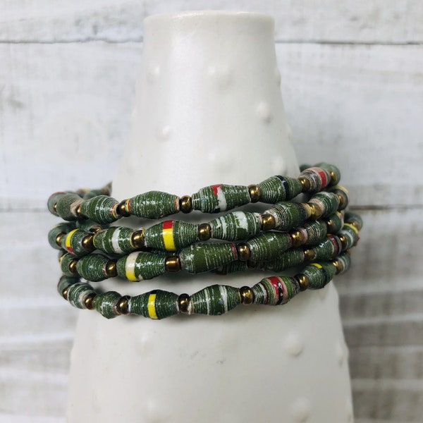 Colorful Moss Green Cuff Bracelet | Upcycled Paper Beads | Beaded Memory Wire |Handmade in Africa| Fair Trade Jewelry| Recycled Magazines