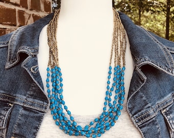 Musana Handmade Multi Strand Beaded Necklace (Bright Blue with Gold Seed Beads, 6 Strands)