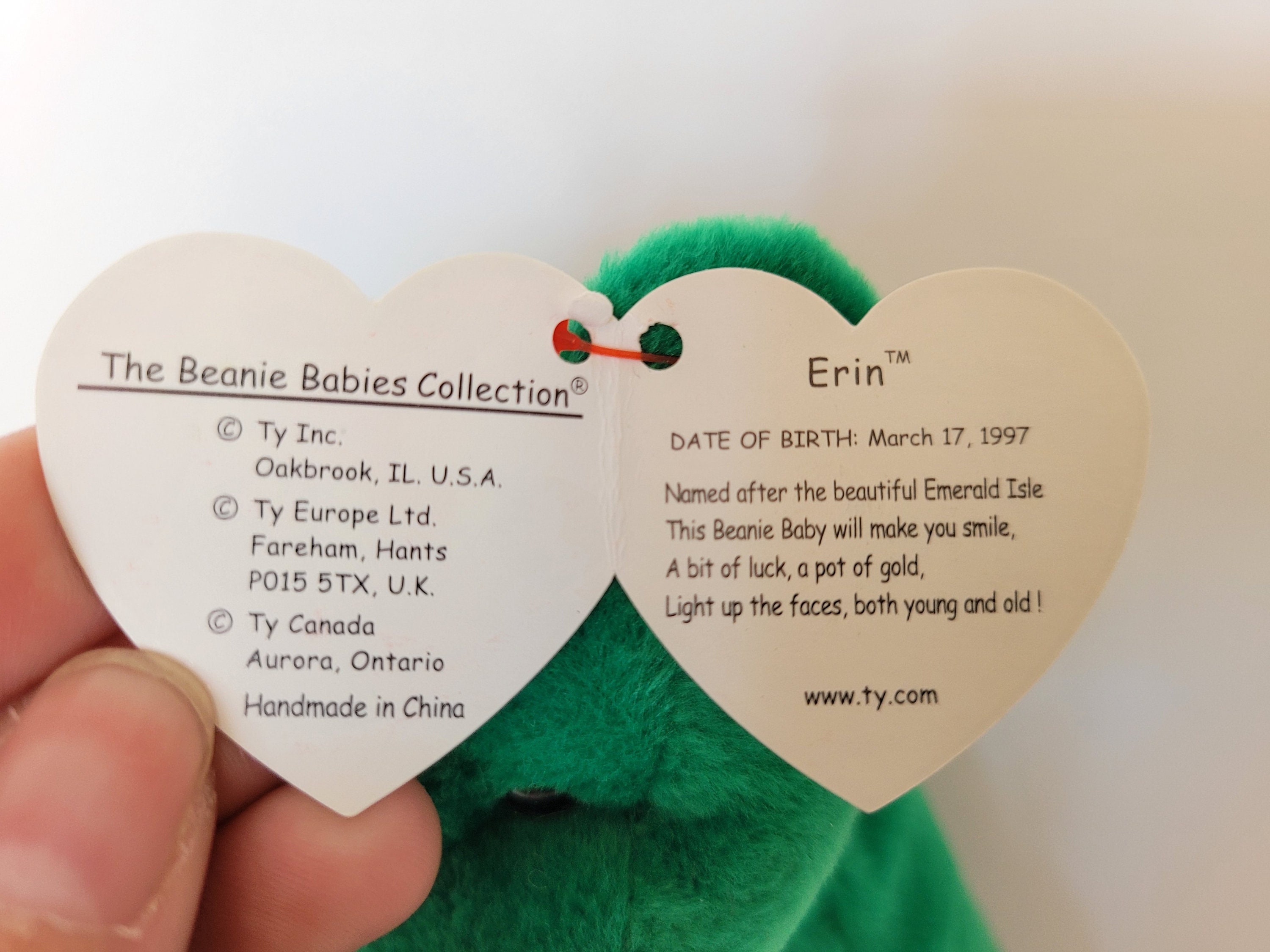 Erin the Bear Ty Beanie Baby, Green Bear Plush, 1997 Beanie Baby, Irish