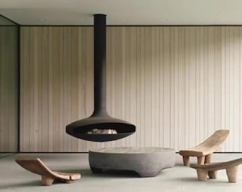 Chimenea suspendida de leña de 40 pulgadas, hermosa y moderna chimenea flotante colgante de estilo moderno de mediados de siglo, grande.