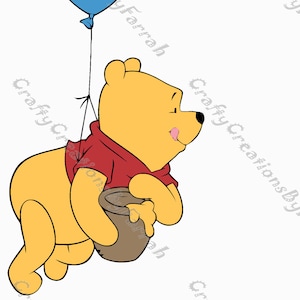 May include: Winnie the Pooh, a yellow bear, is holding a brown pot and is being lifted by a blue balloon. Piglet, a pink pig, is sitting on the balloon.
