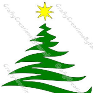 Puede incluir: Un árbol de Navidad verde estilizado con una estrella amarilla en la parte superior. El árbol tiene un diseño ondulado y abstracto.