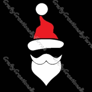 Puede incluir: Gráfico de gorro, barba y bigote de Papá Noel en blanco y rojo. El gorro tiene un pompón blanco. La imagen está sobre un fondo negro. Un diseño con temática navideña.