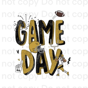 Game Day Football Black and Gold School Spirit Doodle Digital Design Sublimation Download PNG for T-shirt
