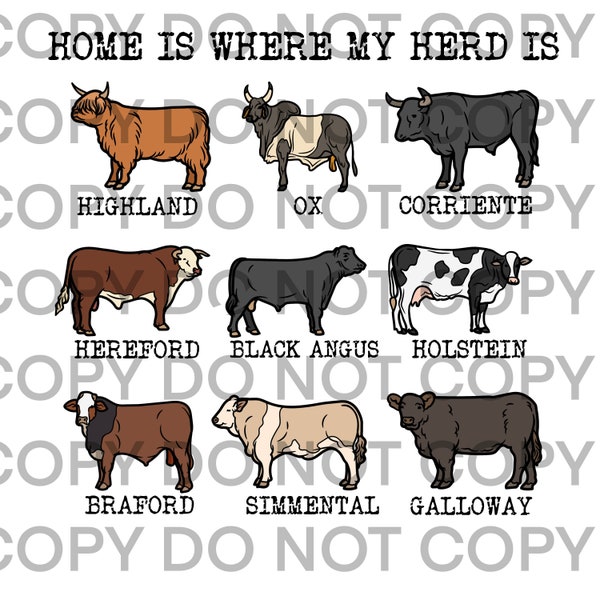 Country Farm Cow Home Is Where My Herd Is Cow breeds Digital Download PNG Sublimation for Tshirt