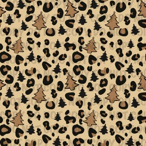 May include: A seamless pattern featuring brown and black Christmas trees on a beige background with black leopard print spots.