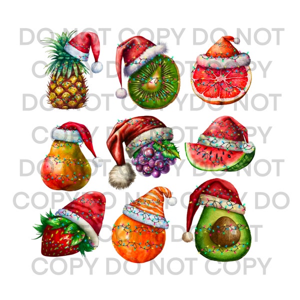 Holiday Christmas Fruit Pineapple Pear Grape Watermelon Strawberry Orange Avacado PNG Digital Design Sublimation Download for T Shirt