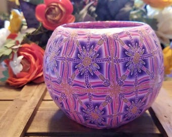 Polymer Clay covered glass bowl. Pink and purple mosaic design
