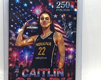 May include: A rectangular trading card featuring a basketball player in a black Indiana jersey with the number 22. The background displays fireworks, the American flag, the Statue of Liberty, and the text 250 1776-2026 and CAITLIN CLARK.