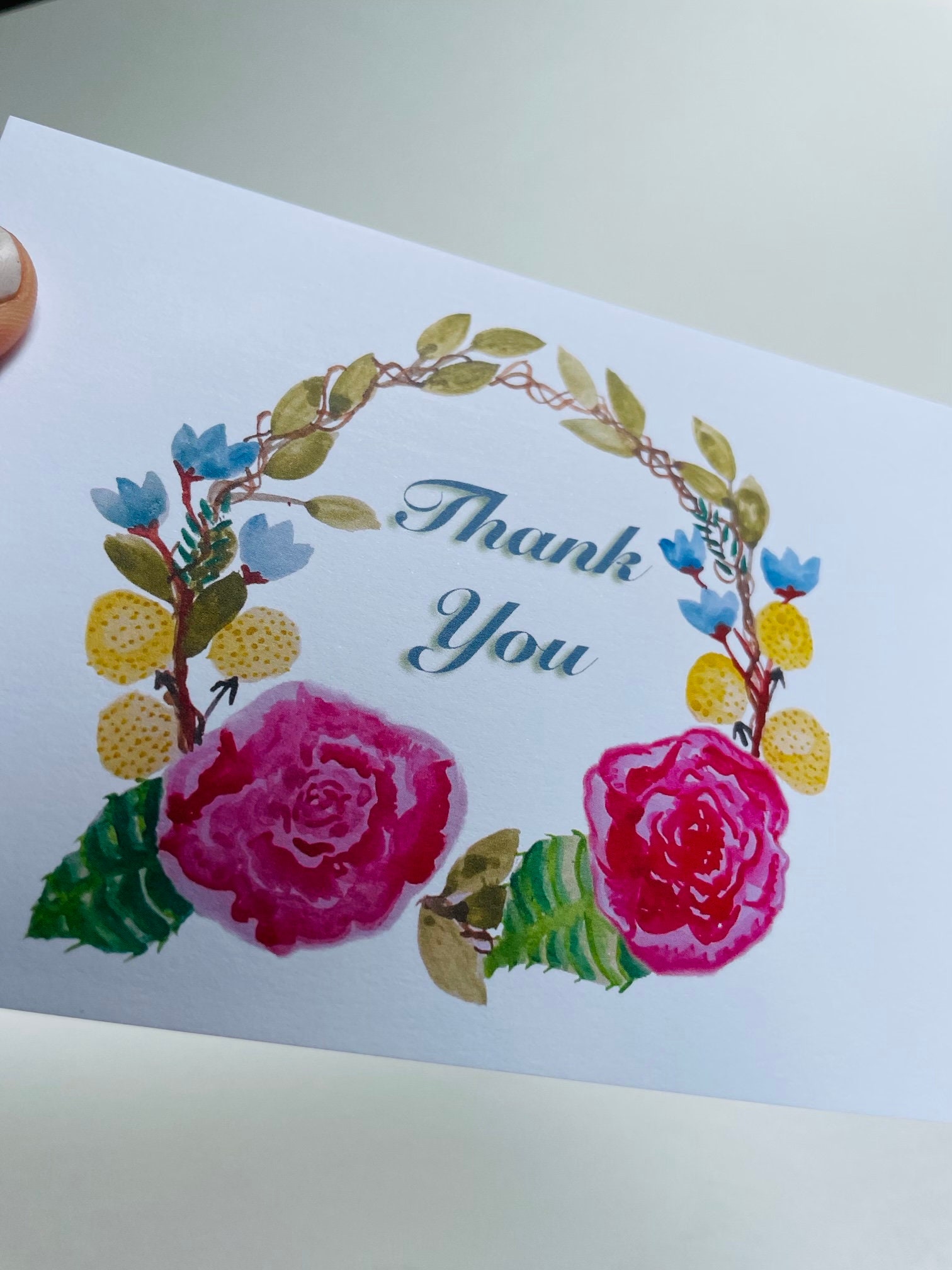 Thank You Card Floral Wreath Watercolor Painting Hand - Etsy