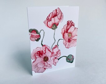 Watercolor Peony print greeting card - blank set of 5