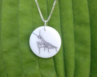 Praying Mantis Scrimshaw Pendant, Mantis Necklace, Mantis Pendant, Handmade Scrimshaw Pendant