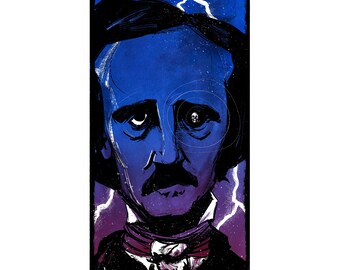 May include: A digital illustration of Edgar Allan Poe with a skull in his eye. The background is a dark blue with white lightning bolts. The text "alone" is at the bottom of the image.